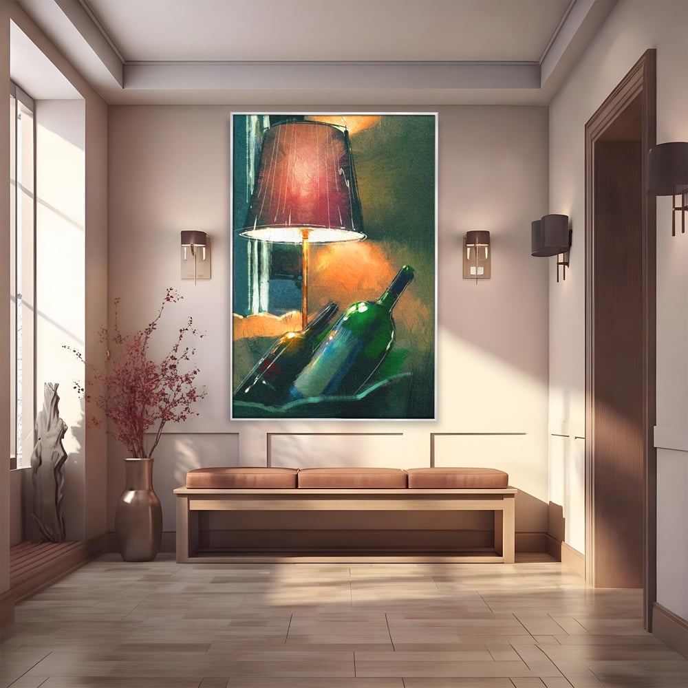 Tablou canvas cu tablou canvas cu lampa si sticle de vin, in rama de aluminiu argintiu